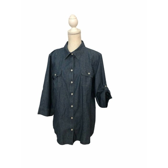 Croft & Barrow Woman XL Chambray Blue Button Down 2 Pockets Front 3/4 Sleeve - Picture 2 of 8